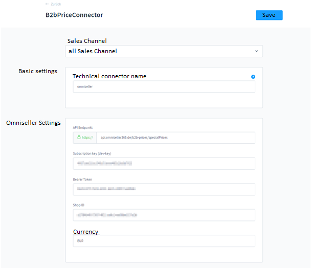 Figure 1: Here you can make the settings. The data for the Omniseller can be obtained from the interface provider.